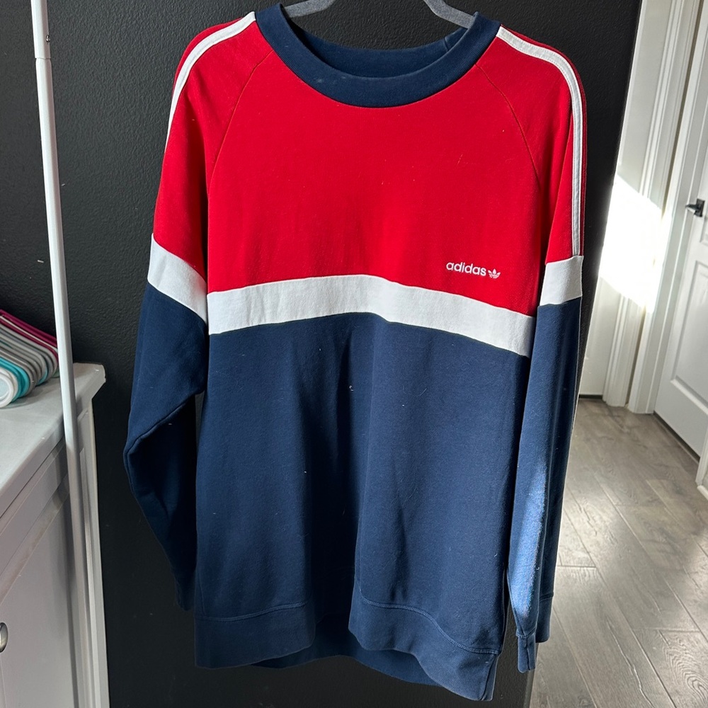 Adidas Men's Bold Red and Navy Crewneck Sweater